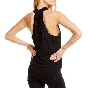 CHASER Rib Tiered Ruffle Back Mock Neck Tank 